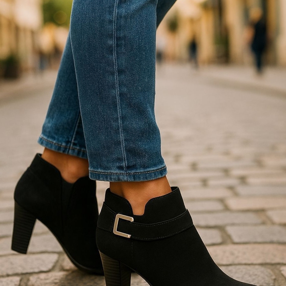 Aubrey Lynn Red Or Black Suede Booties, New In Box, 3" Block Heel, Zipper/Buckle
